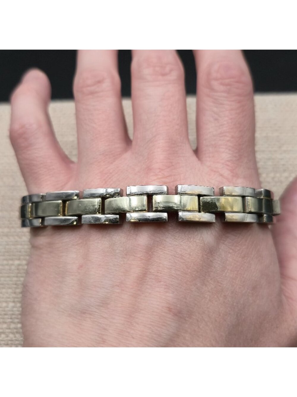 8 Inch Two-Tone Gold Accent Watch-Style Block Link Bracelet A8654